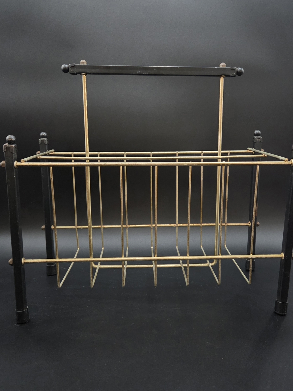 Vintage MCM Minimalist Gilt Brass Cage Rustic Iron Frame Design Magazine Rack